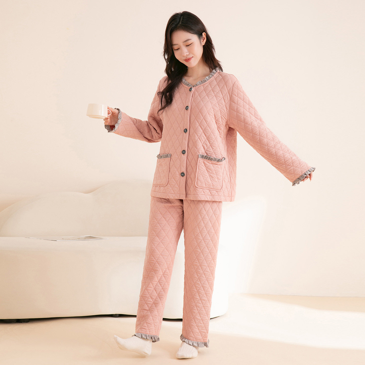 芬腾可安睡衣女秋冬空气棉长袖长裤套装可外穿针织夹棉家居服棉袄,淘宝优惠券,粉丝福利购,淘宝优惠卷