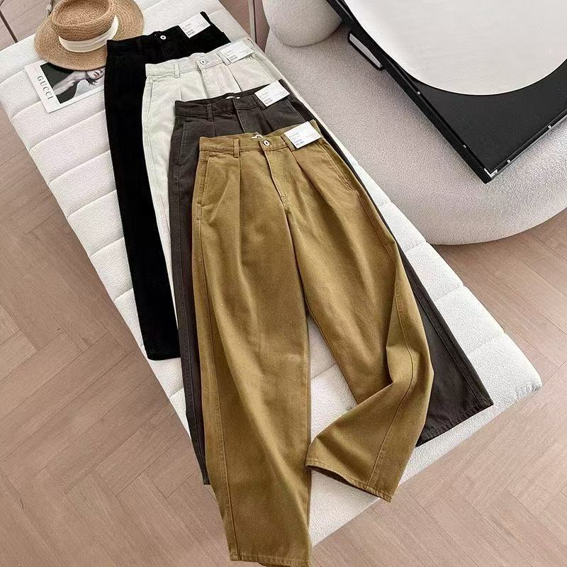 日单 秋复古日系高腰打褶阔感牛仔风直筒水洗镰刀裤长裤女471631 - 图1