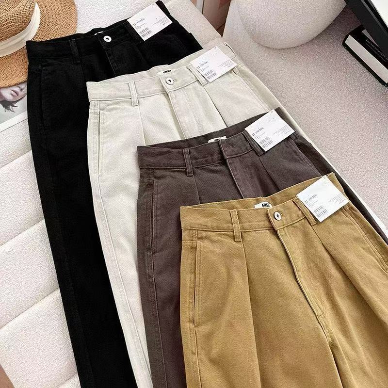 日单 秋复古日系高腰打褶阔感牛仔风直筒水洗镰刀裤长裤女471631 - 图3