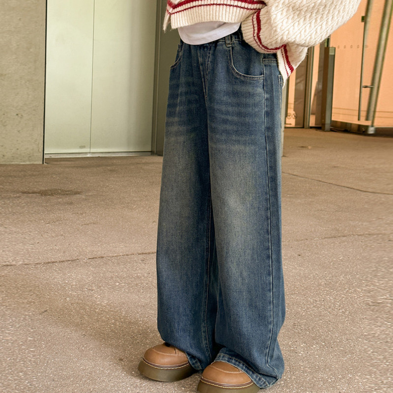 女童牛仔裤宽松直筒秋季2024新款儿童深色水洗软牛仔百搭童装裤子