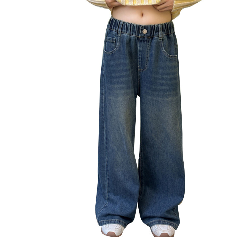 女童牛仔裤宽松直筒秋季2024新款儿童深色水洗软牛仔百搭童装裤子
