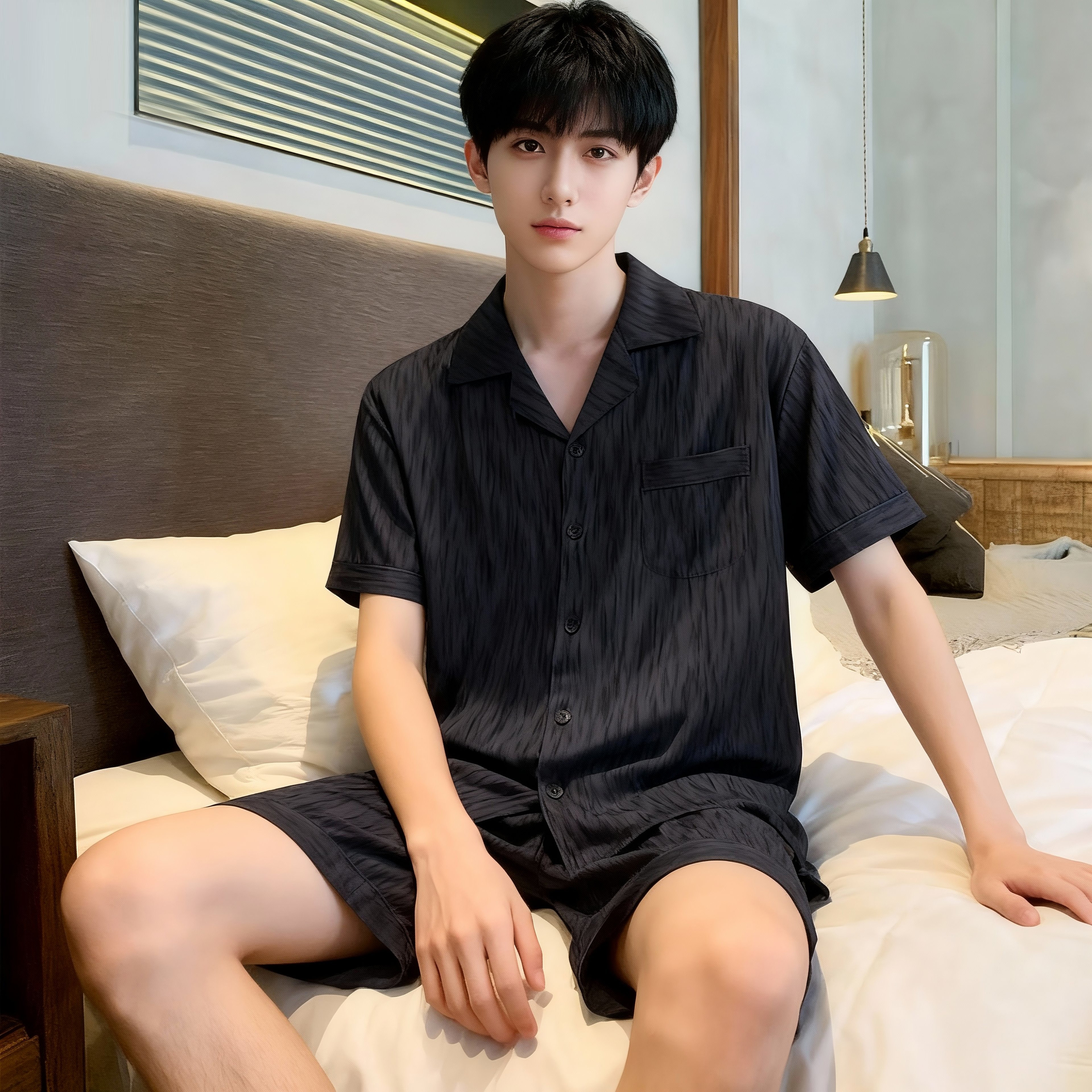 男士睡衣夏季冰丝短袖短裤青少年男生夏天薄款可外穿家居服套装,淘宝优惠券,粉丝福利购,淘宝优惠卷