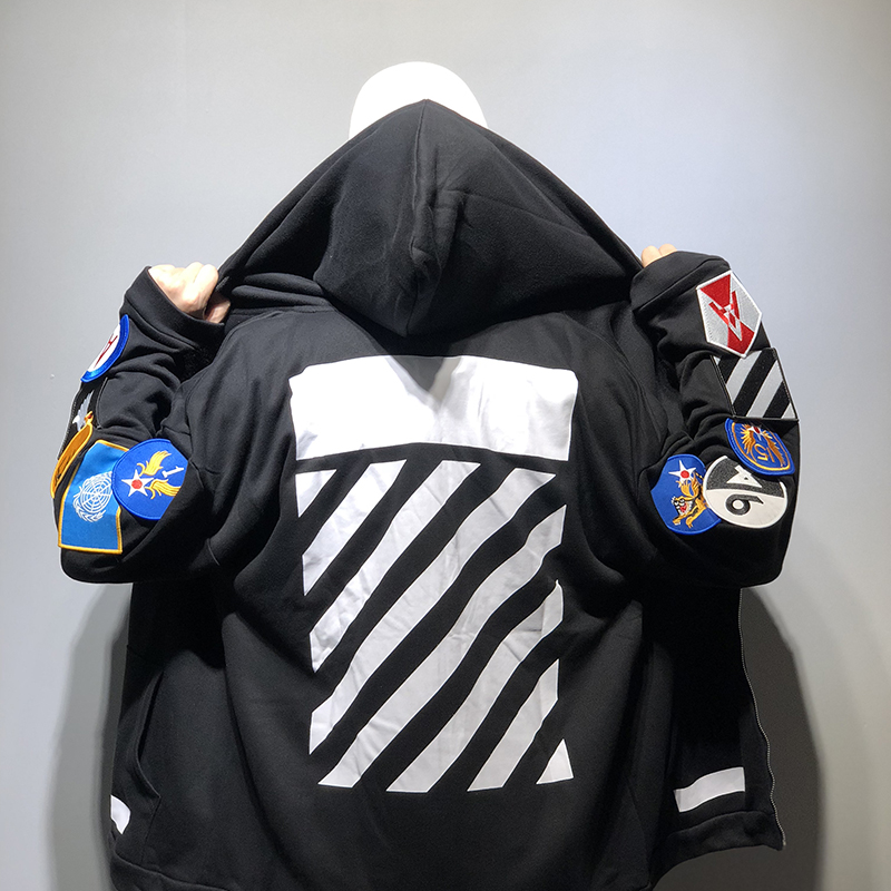 徽章卫衣男女情侣宽松连帽开衫中长款外套 white off OWF 春秋潮牌 徽章卫衣男女情侣宽松连帽开衫中长款外套 white off OWF 春秋潮牌