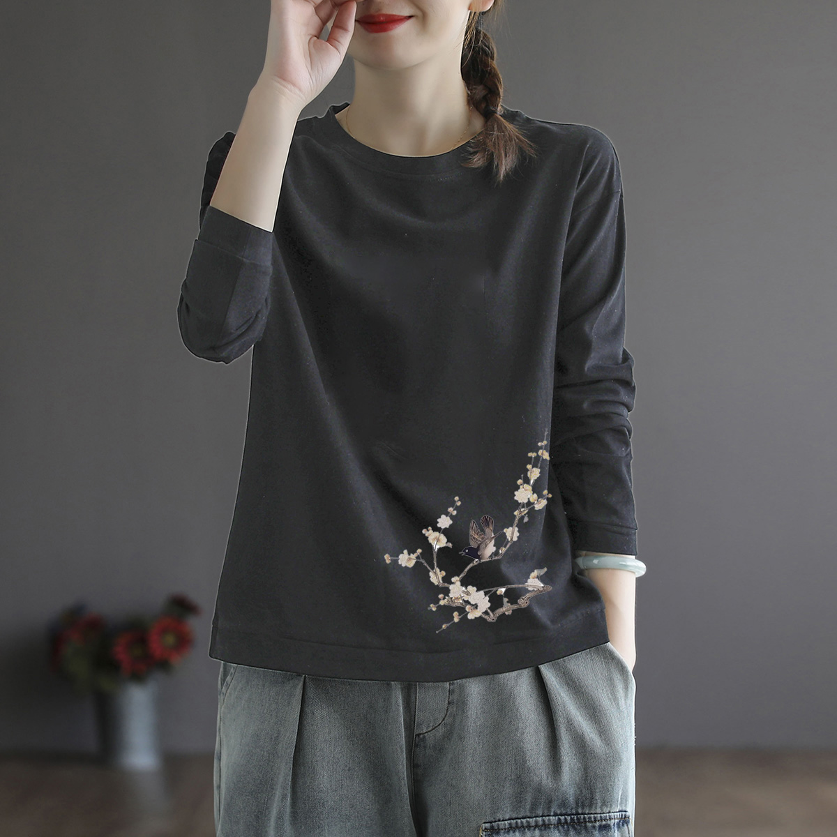 清仓捡漏秋冬季长袖纯棉圆领宽松大码T恤上衣印花大码打底内搭女 - 图2