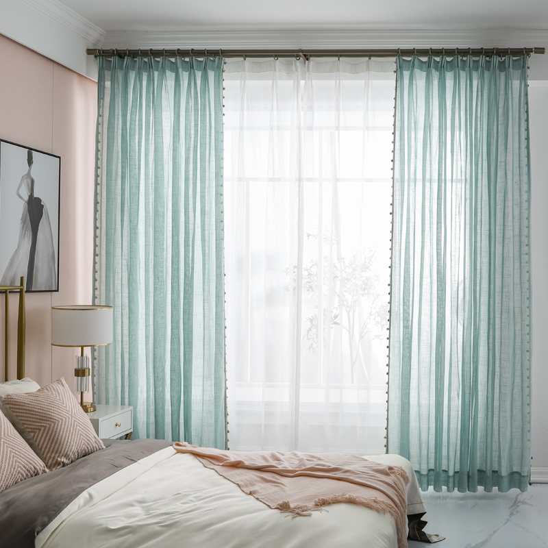 European style light luxury high-end linen translucent blue curtains