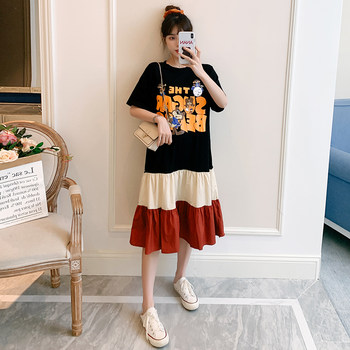 2024 summer plus size women's clothes for fat mm slimming belly-covering cartoon contrasting color stitching dress hiding flesh T-shirt skirt 200 ປອນ