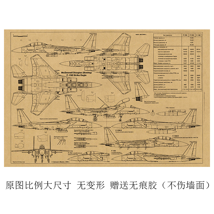 F15E攻击鹰机械草图三视图军迷理工书房办公室墙贴复古工业风海报