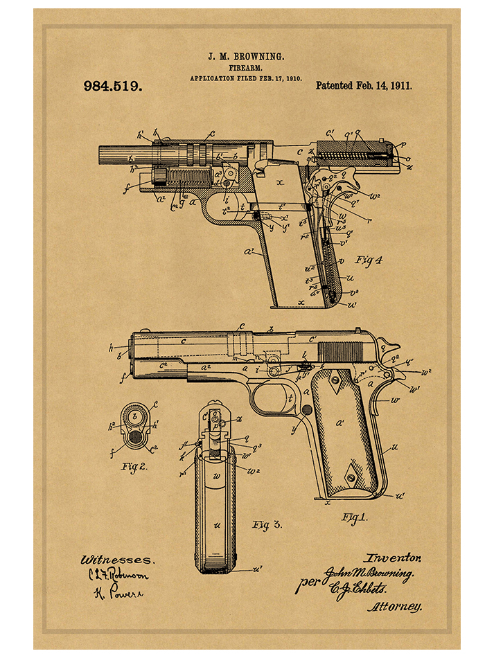 m1911专利图军迷书房寝室背景复古工业风大尺寸枪械墙贴军事海报