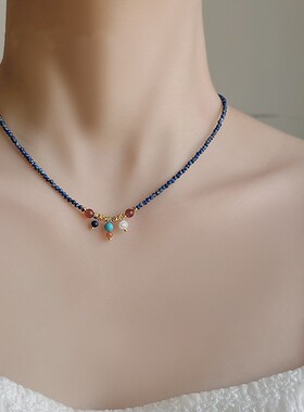 新中式天然青金石项链女彩色复古敦煌风轻奢高级感克兰因蓝锁骨链