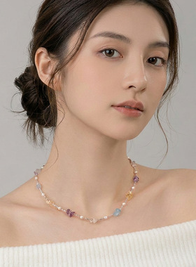 彩色天然石碎银子淡水珍珠项链轻奢小众水晶彩色串珠多巴胺锁骨链