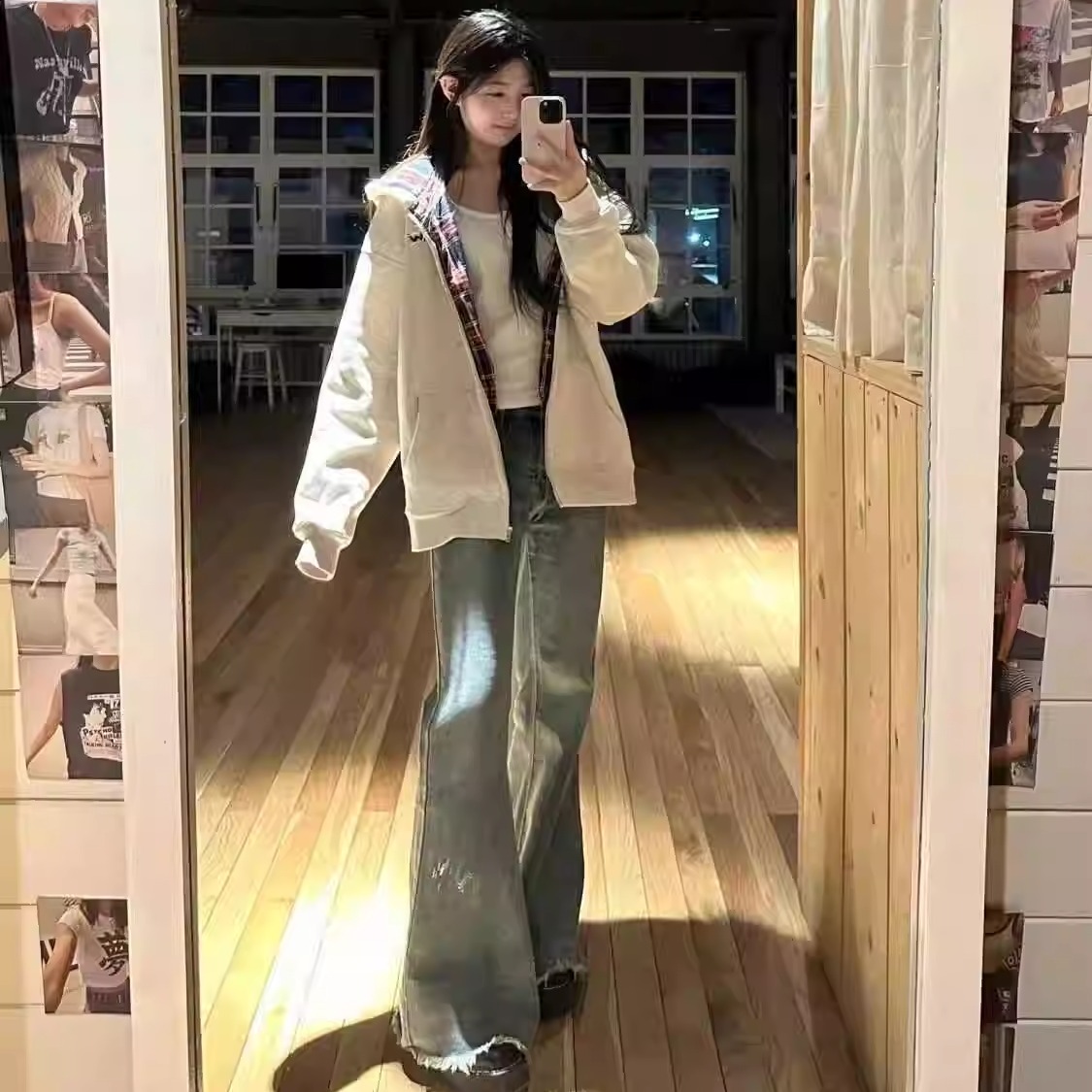 韩版复古酒红色格子卫衣女连帽开衫设计感oversize薄款春秋冬外套 - 图3