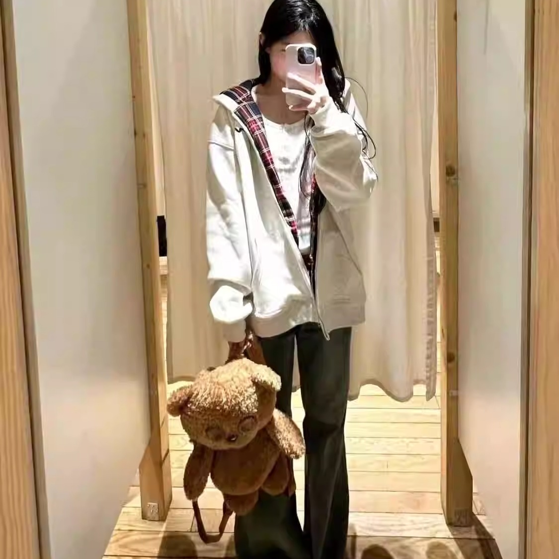 韩版复古酒红色格子卫衣女连帽开衫设计感oversize薄款春秋冬外套 - 图0