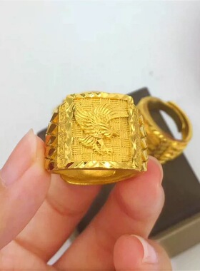 新款沙金饰品戒指男久不掉色小众设计老鹰开口戒指仿黄金中古戒指