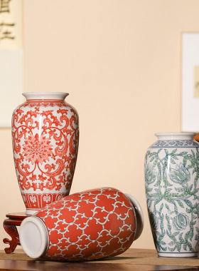 景德镇陶瓷花瓶家居软装样板房酒店新中式花瓶干花摆件红色花瓶