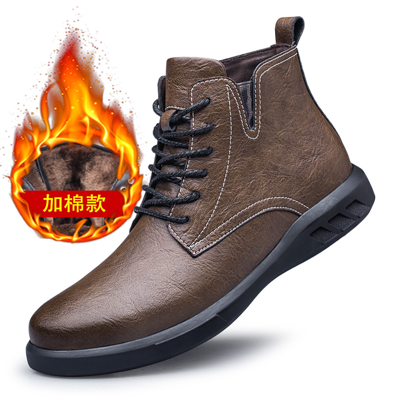 6033男鞋户外工装靴徒步皮靴秋冬高帮牛皮面切尔西休闲鞋短靴棉靴 - 图2