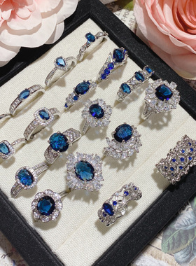 山茶珠宝供应新款蓝刚玉彩宝戒指 法式奢华高级仿天然透辉石指环