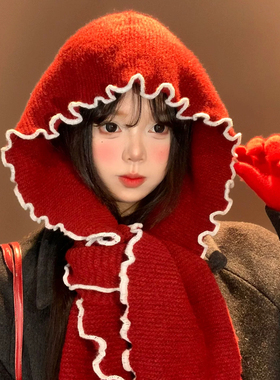 红色花边针织围巾一体护耳帽女