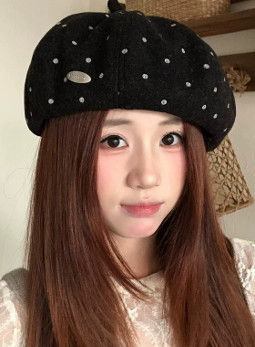 韩系波点贝雷帽女秋冬显脸小