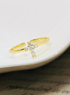 十字锆石戒指纯银可调节轻奢女