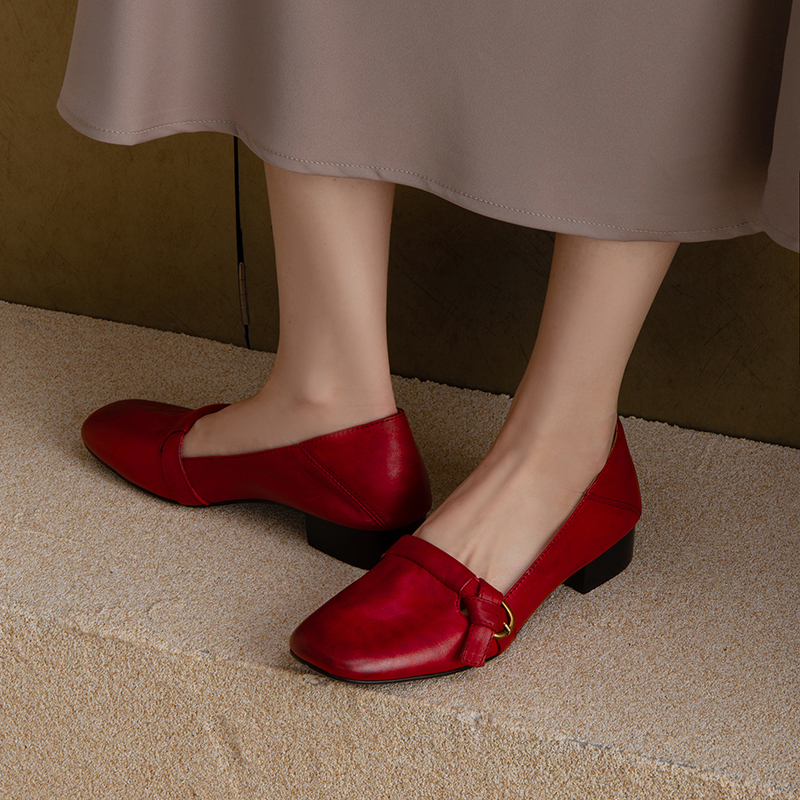 巨软真皮3cm粗跟单鞋女早秋新款法式复古百搭方头低跟浅口小皮鞋 - 图1