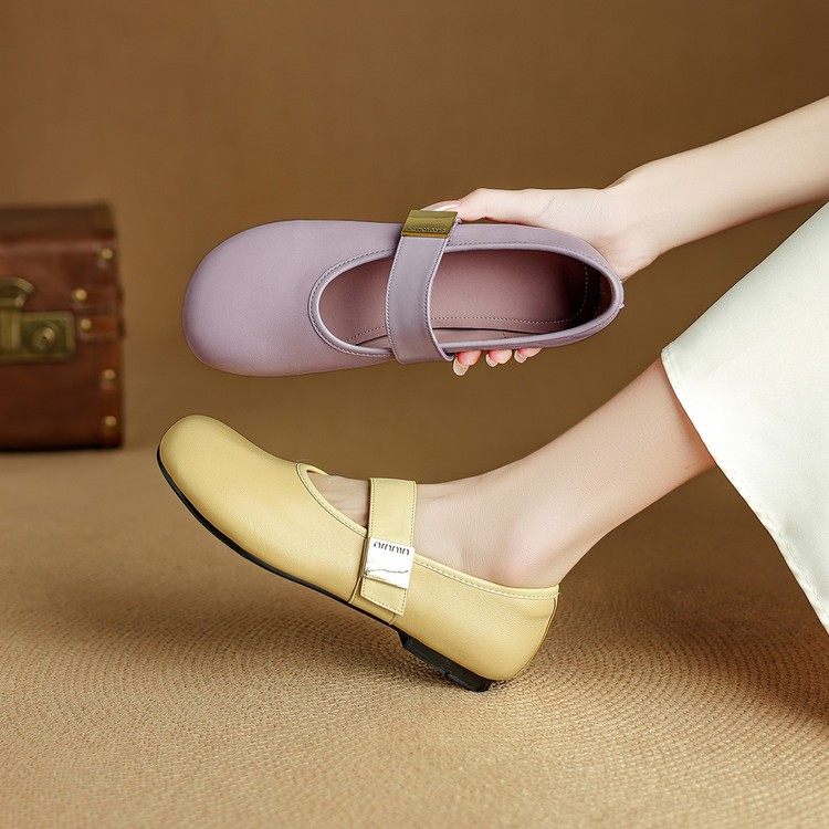 法式气质仙女ins真皮玛丽珍单鞋女春秋时尚皮带扣平底鞋紫色黄色,淘宝优惠券,粉丝福利购,淘宝优惠卷