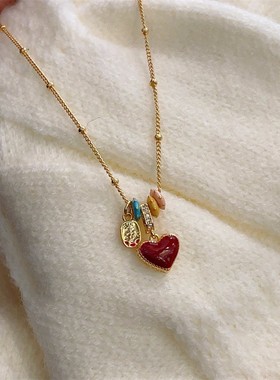 红色双面滴油贝母爱心项链轻奢气质高级感锁骨链小众短款颈链