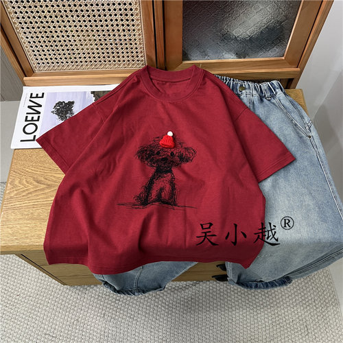 吴小越w1916男童短袖高克重年服韩版小狗贴标刺绣厚款t恤中大童 - 图0