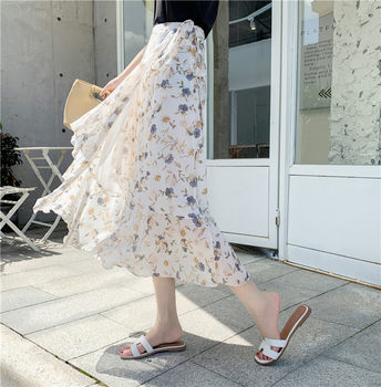 ສິ້ນ skirt lace-up fishtail wrap skirt one-piece skirt women's summer seaside skirt ruffled chiffon floral skirt mid-length skirt
