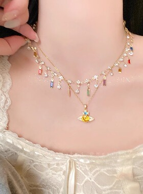 发财宅女同款彩色锆石土星项链