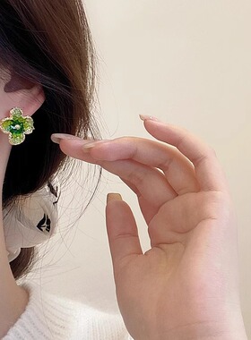 锆石绿色花朵耳钉女小众设计耳饰