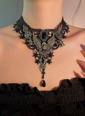 暗黑复古独特蕾丝花边流苏项链