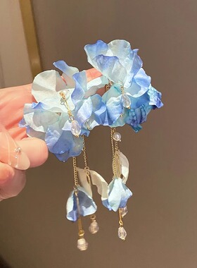 超仙夏日蓝色流苏花朵耳钉女