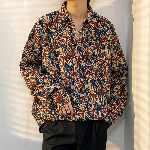 春秋新款韩版休闲衬衫外套男士色织提花翻领夹克青年痞帅网红上衣 - 图0