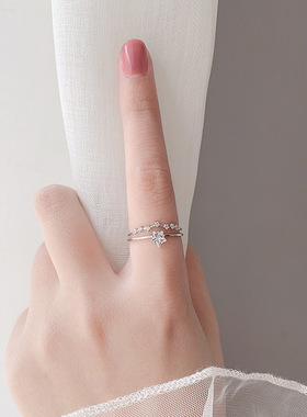 新款双层锆石星星戒指女简约小众日韩网红同款通勤开口可调节指环