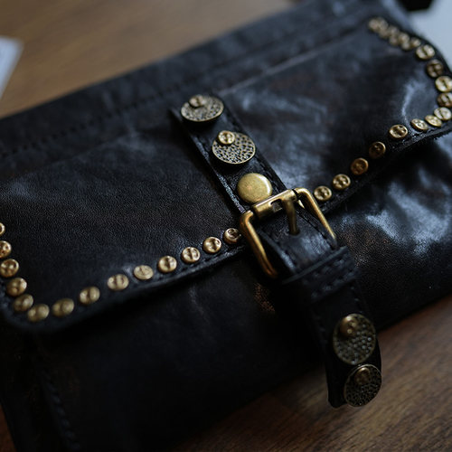 鹿小姐植鞣牛皮小众洋气复古铆钉双层小方包真皮时尚单肩斜挎女包 - 图2