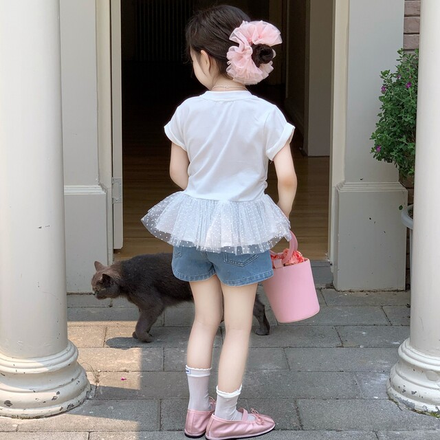 ເດັກຍິງ summer ແບບຕາຫນ່າງເກົາຫຼີ T-shirt denim ສັ້ນຊຸດ