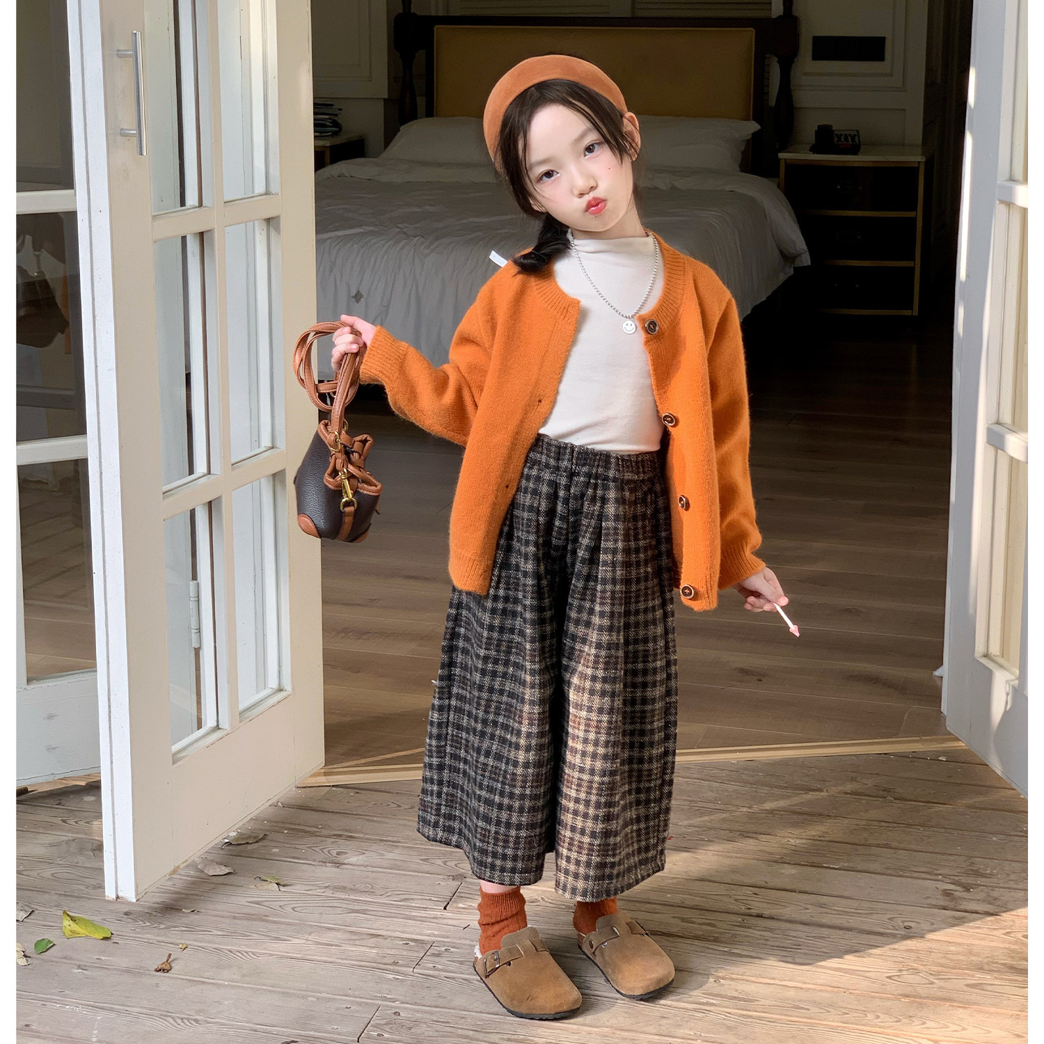 女童加厚南瓜色毛衣加绒格子阔腿裤套装秋装款儿童加厚针织衫外套,淘宝优惠券,粉丝福利购,淘宝优惠卷