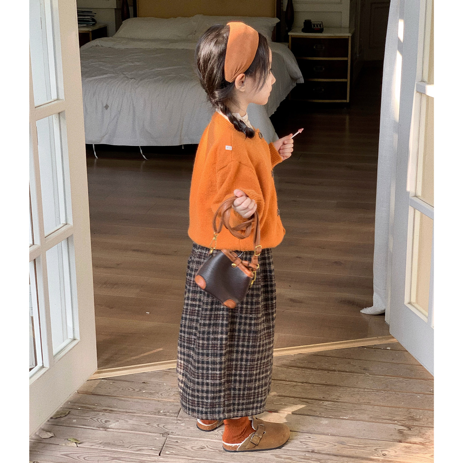 女童加厚南瓜色毛衣加绒格子阔腿裤套装秋装款儿童加厚针织衫外套,淘宝优惠券,粉丝福利购,淘宝优惠卷