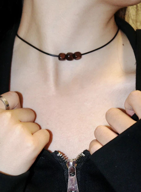 自制黑色编织绳木珠串珠项链女夏波西米亚复古风配饰百搭choker