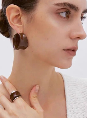 小众设计法式复古巧克力色双层珐琅釉戒指开口高级感欧美时尚指环