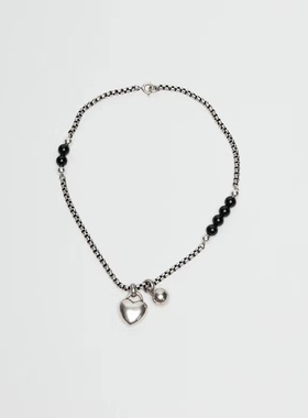 小众设计复古铜色爱心链条天然玉石黑玛瑙红纹石项链锁骨链