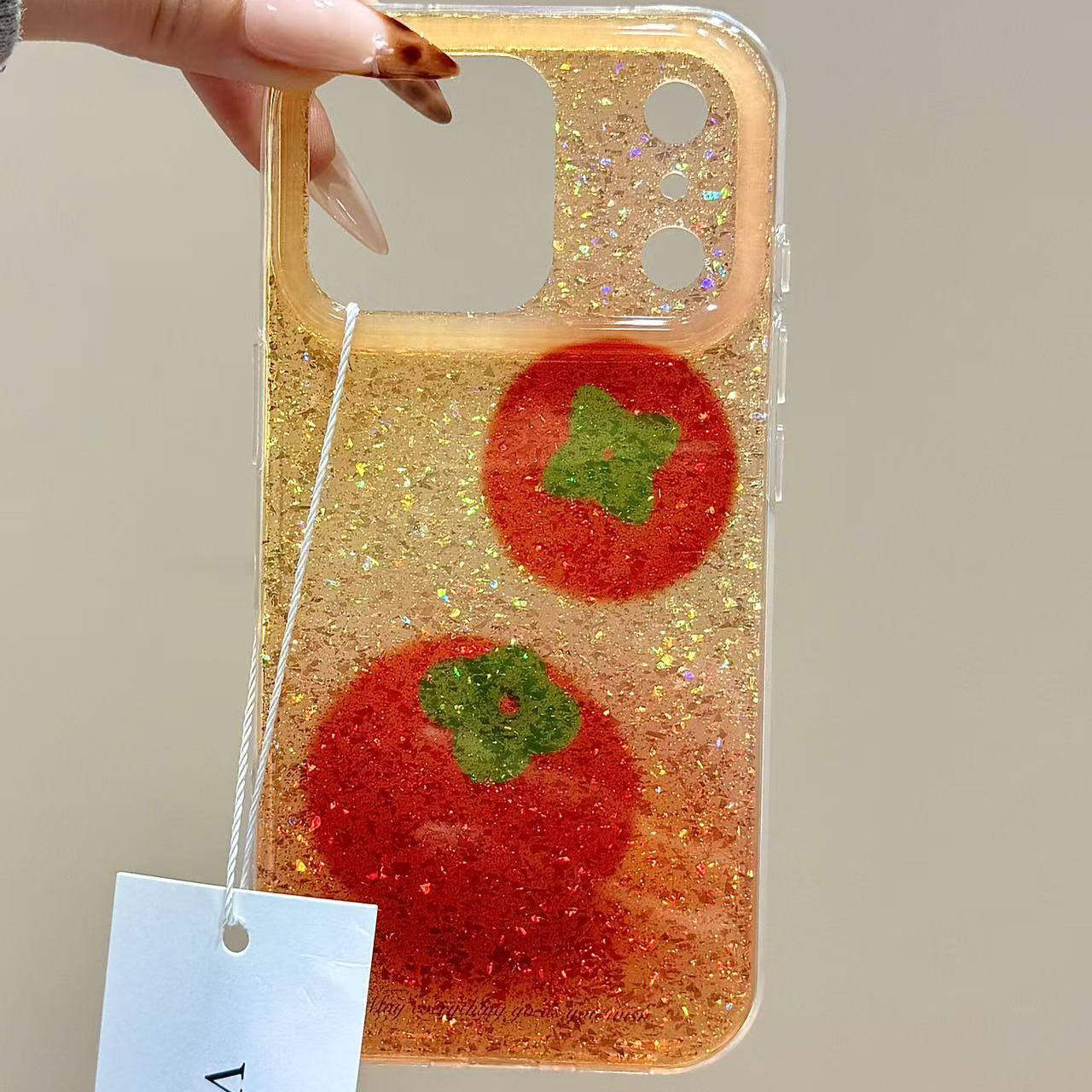 亮片闪粉透色橙底油画柿子链条适用苹果17promax手机壳iphone16新款15pro女款14pm全包保护壳,淘宝优惠券,粉丝福利购,淘宝优惠卷