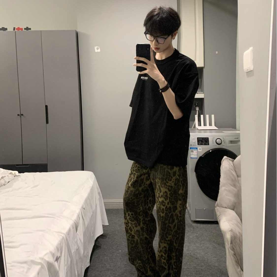 美式复古vintage豹纹迷彩牛仔裤男款高街潮流宽松直筒阔腿休闲裤,淘宝优惠券,粉丝福利购,淘宝优惠卷