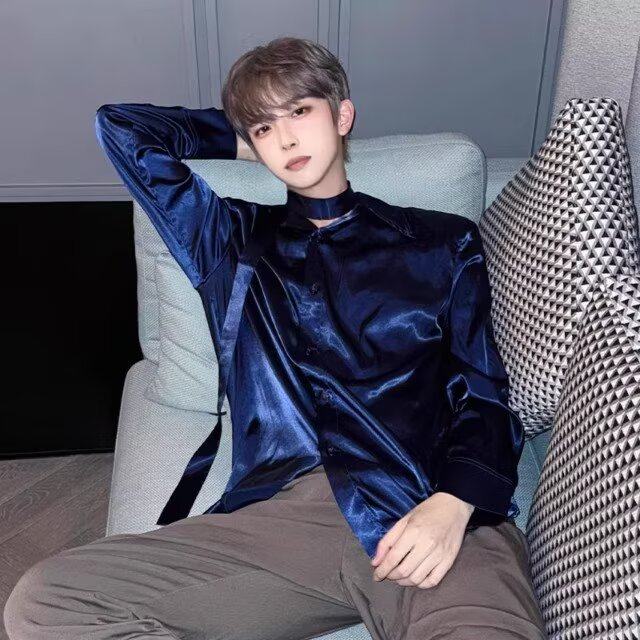 张艺兴同款垫肩长袖衬衫男禁欲系缎面飘带高级感痞帅蓝色衬衣外套,淘宝优惠券,粉丝福利购,淘宝优惠卷