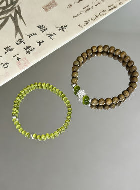 新中式手串绿檀木手串银莲花手链女小众古风设计感单圈叠戴