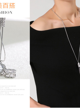 丽银秋冬新款四叶花朵水晶毛衣链