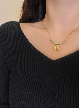 丽银复古链蓝松石串金珠链轻奢高级感满锆石四叶草项链女百搭项链