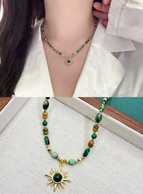 欧美复古时尚温柔绿色天然石太阳花吊坠串珠项链新款气质颈链