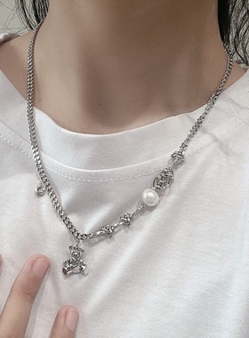 丽银小熊珍珠项链女小众高级感锁骨链简约百搭饰品吊坠春夏颈链
