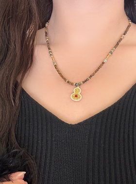 复古虎眼石串珠葫芦吊坠女款高级感轻奢小众锁骨链颈链配饰百搭